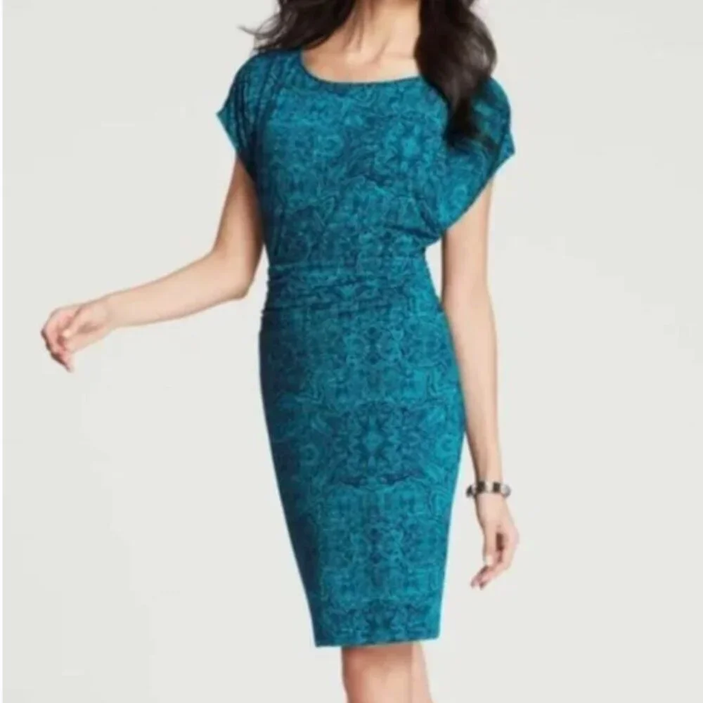 Ann Taylor Blue Paisley Crepe Dolman Sleeve Dress